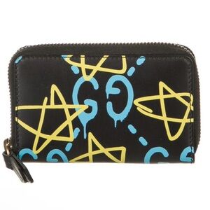 Gucci Ghost Card Case Zip Around Wallet in Graffiti Black Leather Monogram -COA
